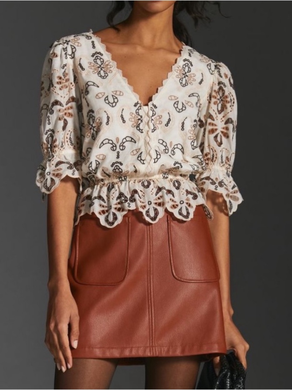 By Anthropologie Cream Floral Lace-Trim V-Neck Eyelet Blouse